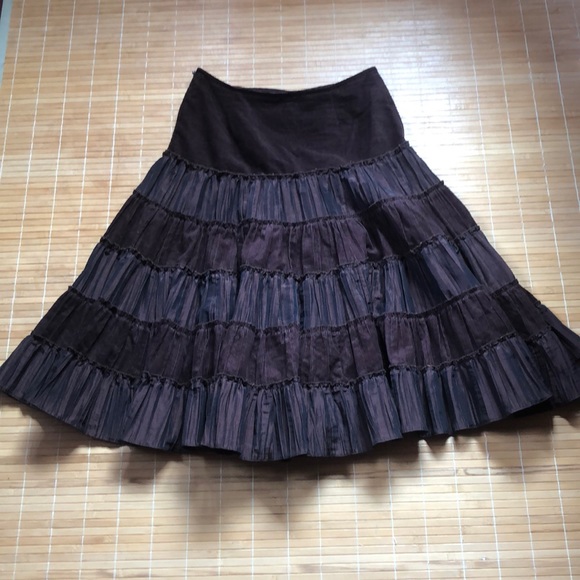 Chocolate brown crepe and corduroy tiered skirt - Picture 2 of 14